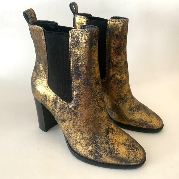 Lauren Ralph Lauren Womens Mylah Stretch Leather Chelsea  Ralph Lauren Mylah Booties Gold Black Suede Leather Pull-On Chelsea Heeled Boots